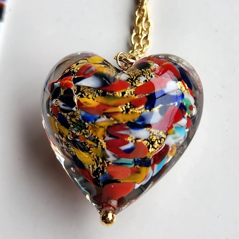 Murano Glass Blown Artsy Puffy Heart Necklace Dyadema Venetian Glass Gold Foil - Picture 1 of 5